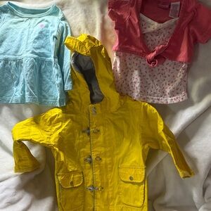 Yellow Hooded Jacket with Blue and Pink Tops